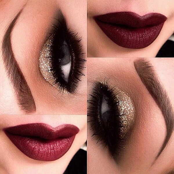 Gold Glitter Smokey Eye with Dark Wine Lips by Megan Naik