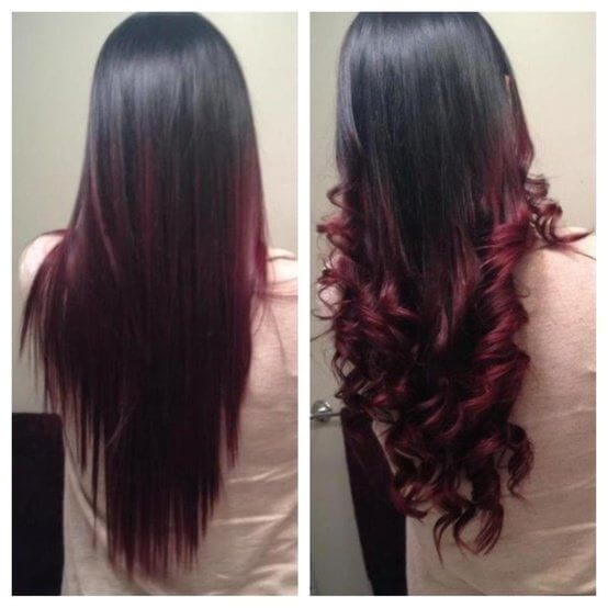 Straight & Curled - Black to Red Ombre Hair