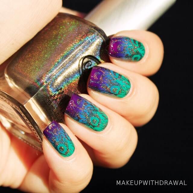 Peacock Nail Design with Gold Stamping | makeupwithdrawal