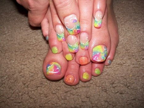 Neon Glitter Pedicure & Manicure Design